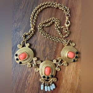 Vintage Signed CRAFT Gold Tone and Faux Coral Acrylic Necklace Statement